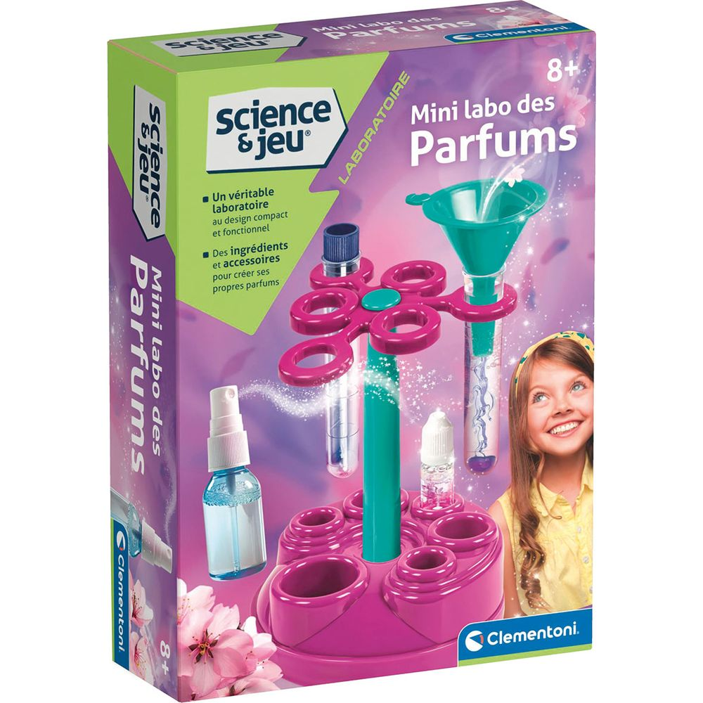 Science & Jeu Parfum-Laborkasten mit Laborgeräten, Zutaten und lächelndem Mädchen.