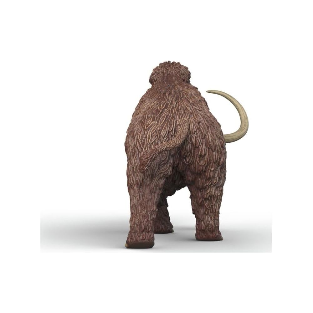 Un mammut lanoso visto da dietro con una zanna curva.