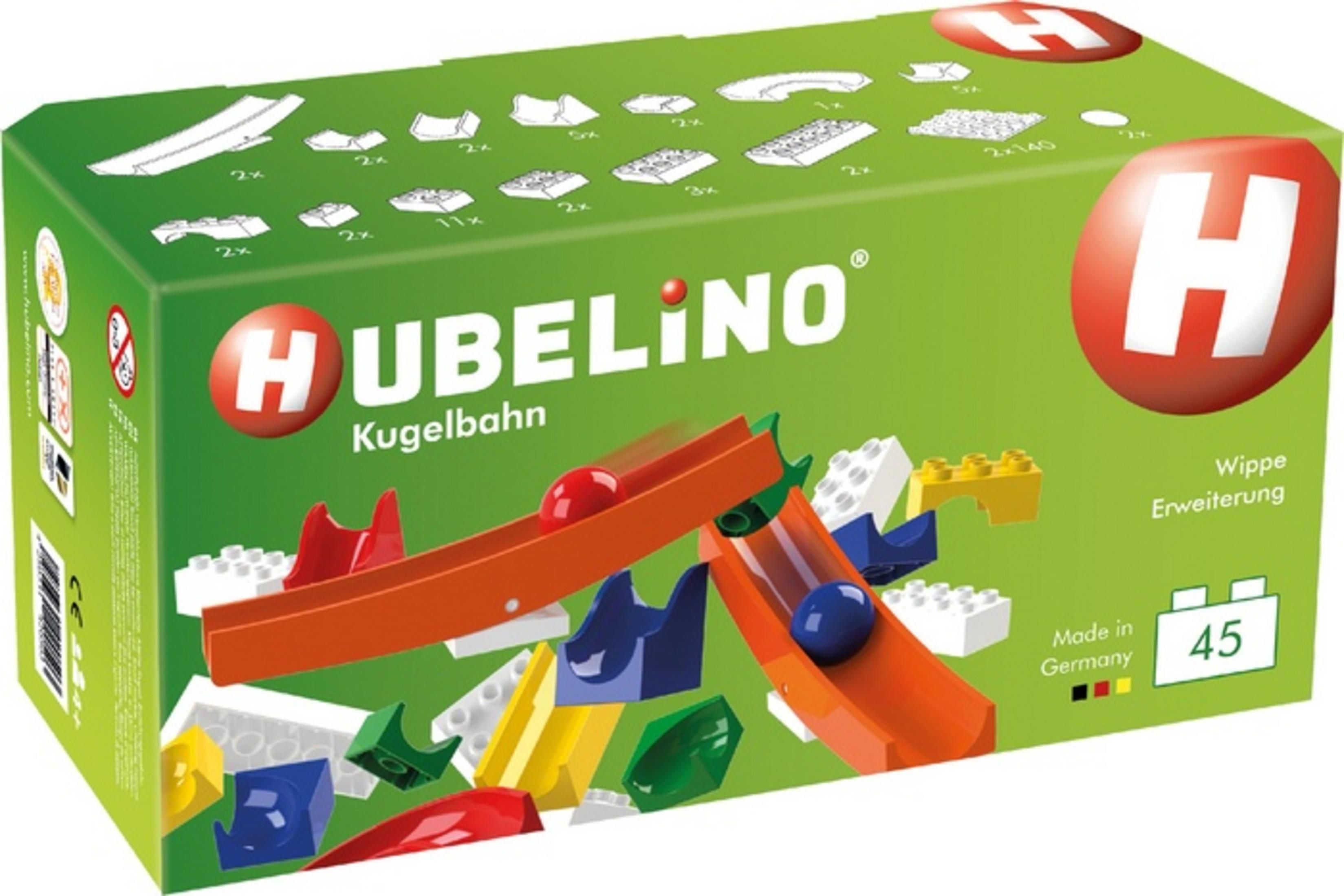 Boîte avec pièces de circuit de billes Hubelino, billes sur pistes.