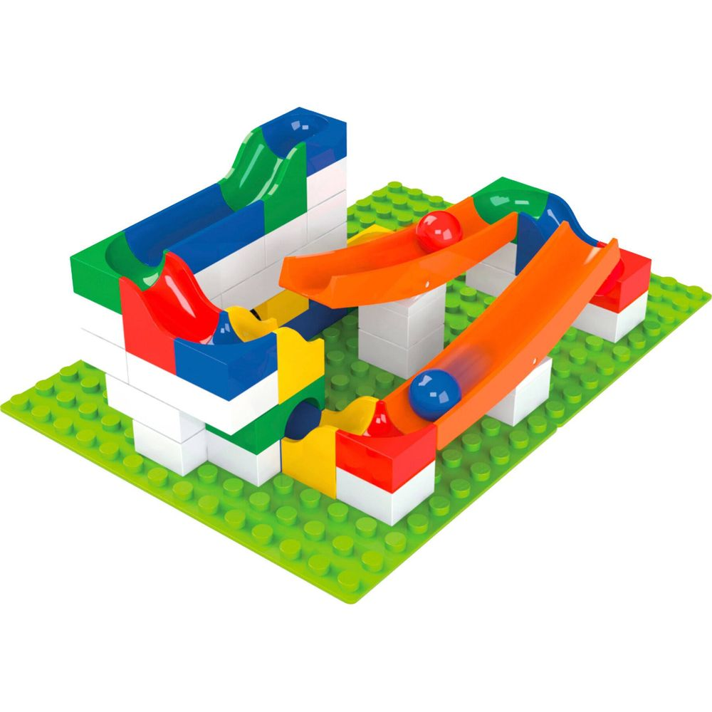 Blocs de construction colorés avec des pistes sur lesquelles des billes défilent.