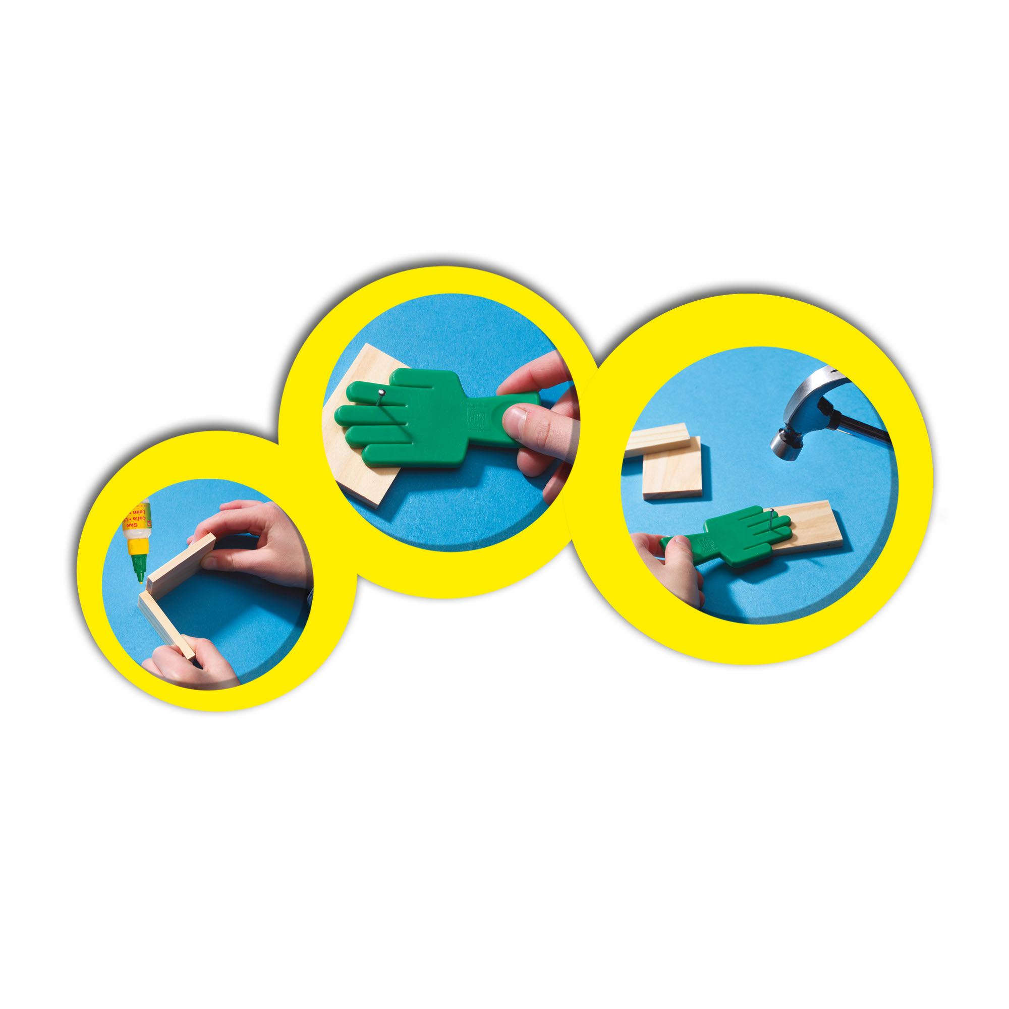 Pasos para ensamblar piezas de madera con pegamento y martillo.