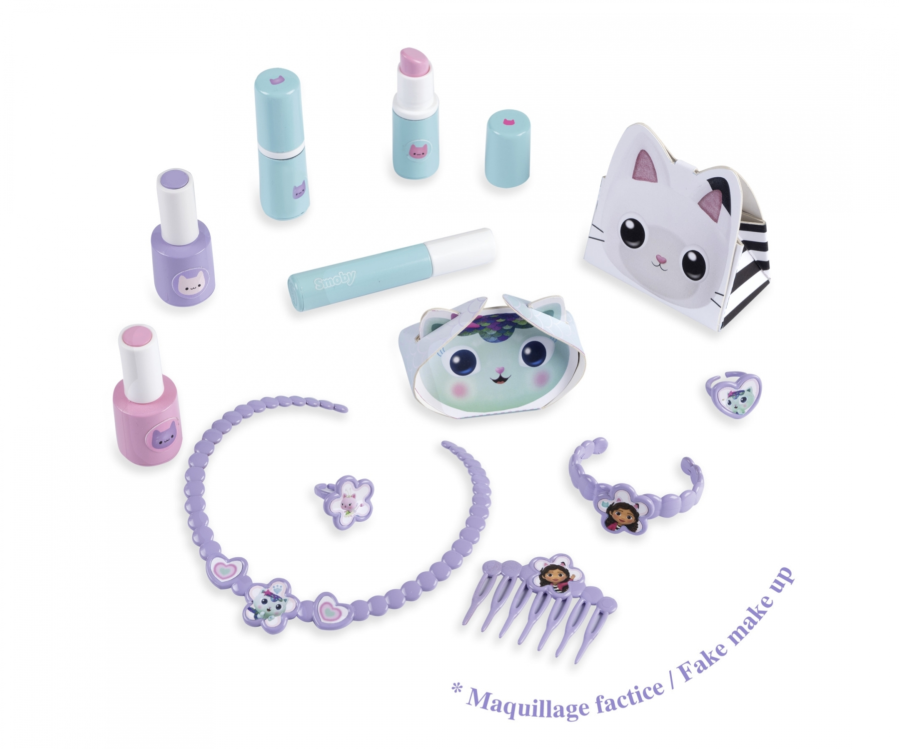 Set de maquillaje de juguete con tema de gato: esmalte, labial, collar, pulsera, anillo y peine.