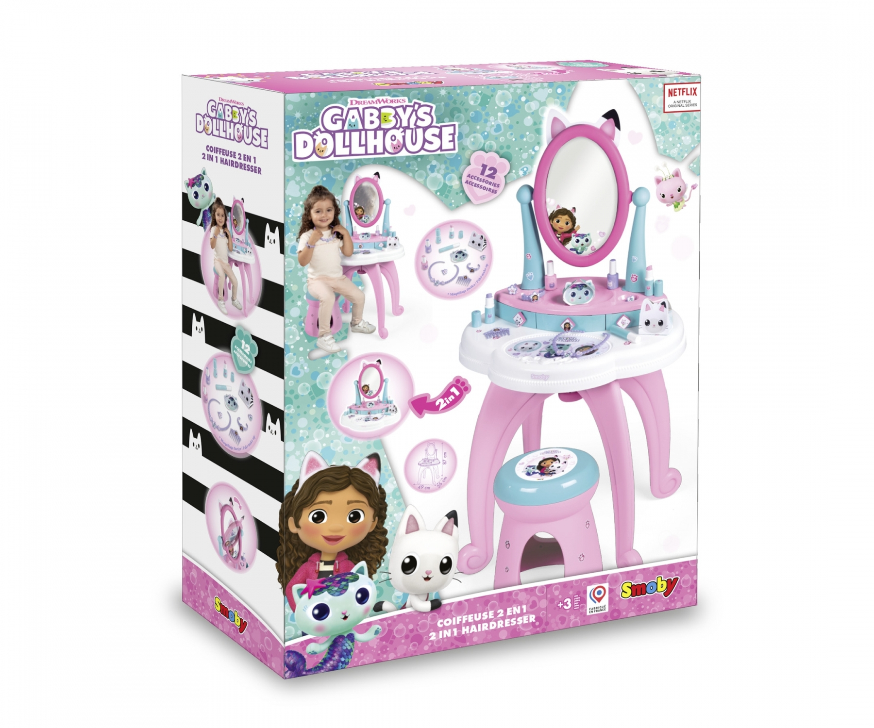 Tocador de Gabby's Dollhouse con espejo, taburete y accesorios. Rosa y azul.