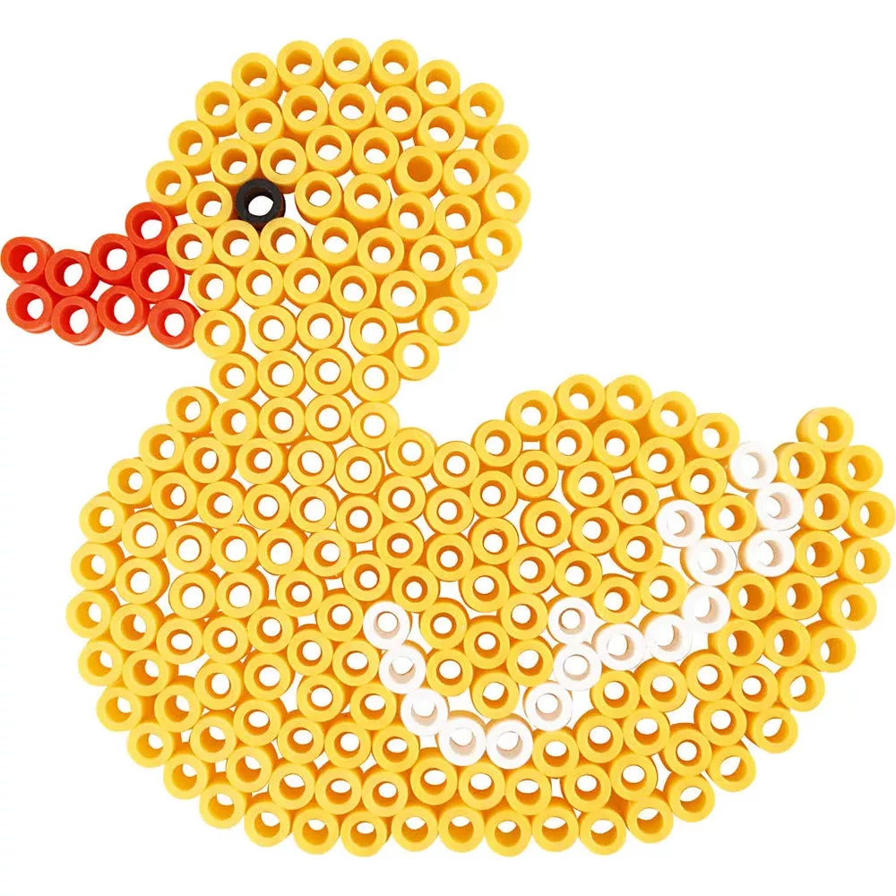 Eine gelbe Ente aus kleinen Perlen. Roter Schnabel, schwarzes Auge. Weiße Perlen am Körper.
