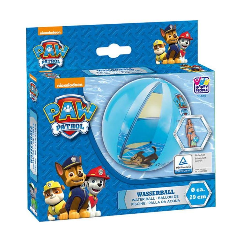 Paw Patrol Wasserball Verpackung mit Ball und Charakteren Chase, Marshall und Rubble.