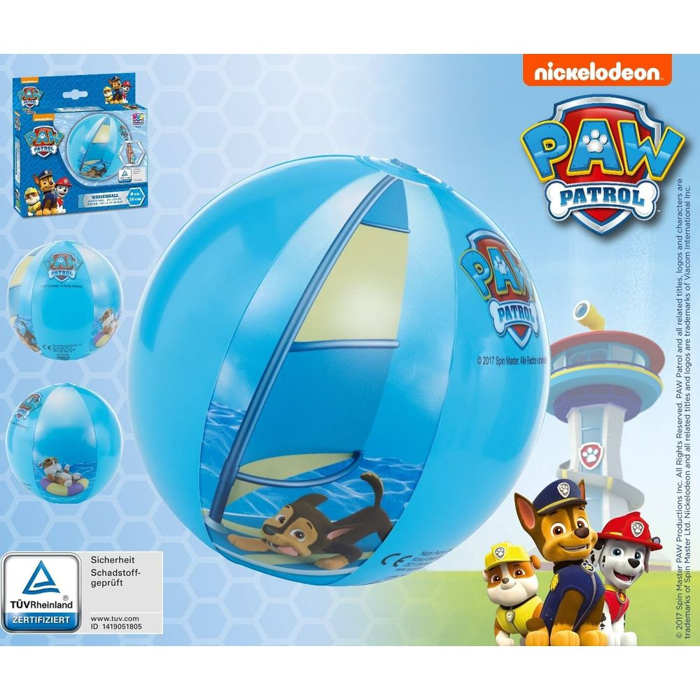 Blauer Paw Patrol Wasserball mit Chase auf einem Surfbrett. Im Hintergrund die Welpen und der Turm.