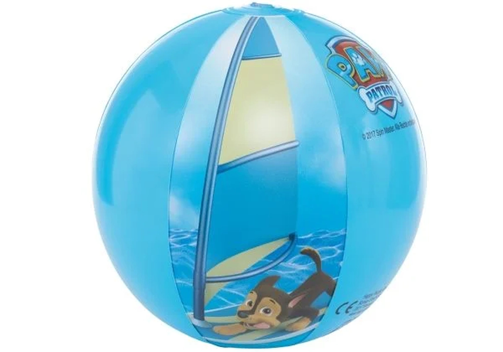Ein blauer Paw Patrol Ball mit einem Hund auf einem Surfbrett, der auf dem Wasser surft.