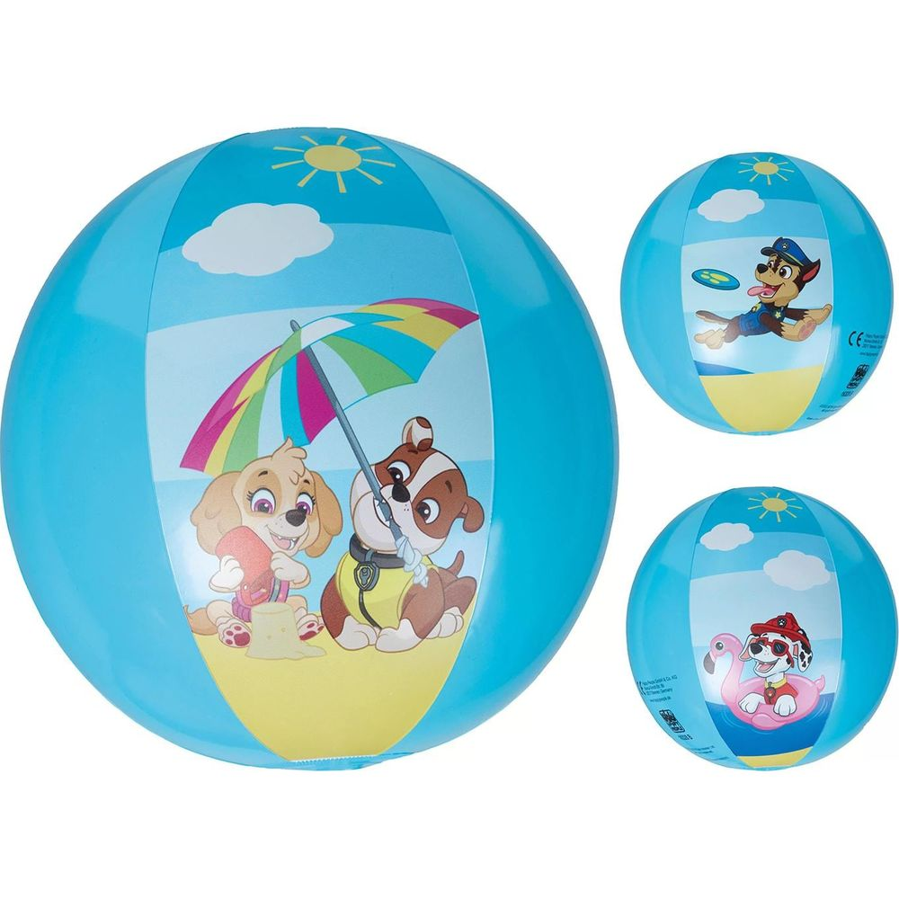 Blaue Strandball mit Paw Patrol-Motiven: Hunde am Strand, ein Hund fliegt Frisbee, ein Hund auf Flamingo-Schwimmring.