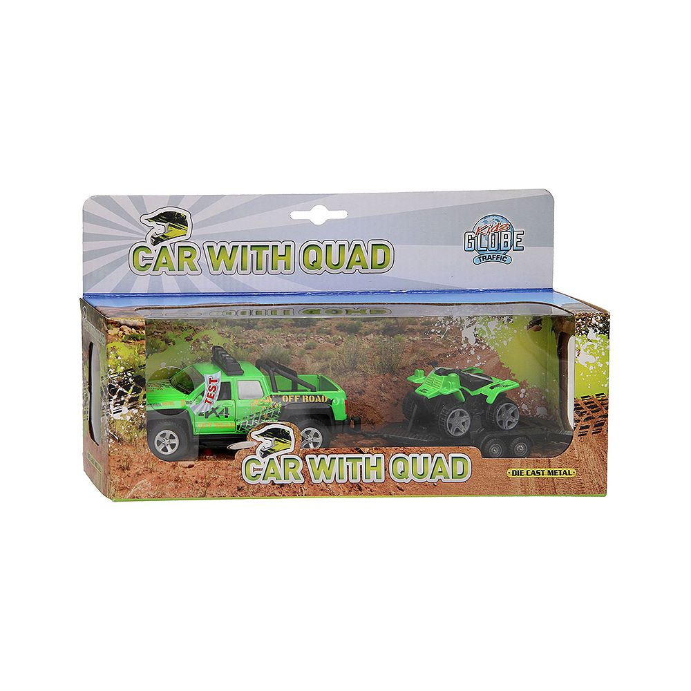 Grüner Spielzeug-Pickup mit Anhänger und Quad auf einer Verpackung.