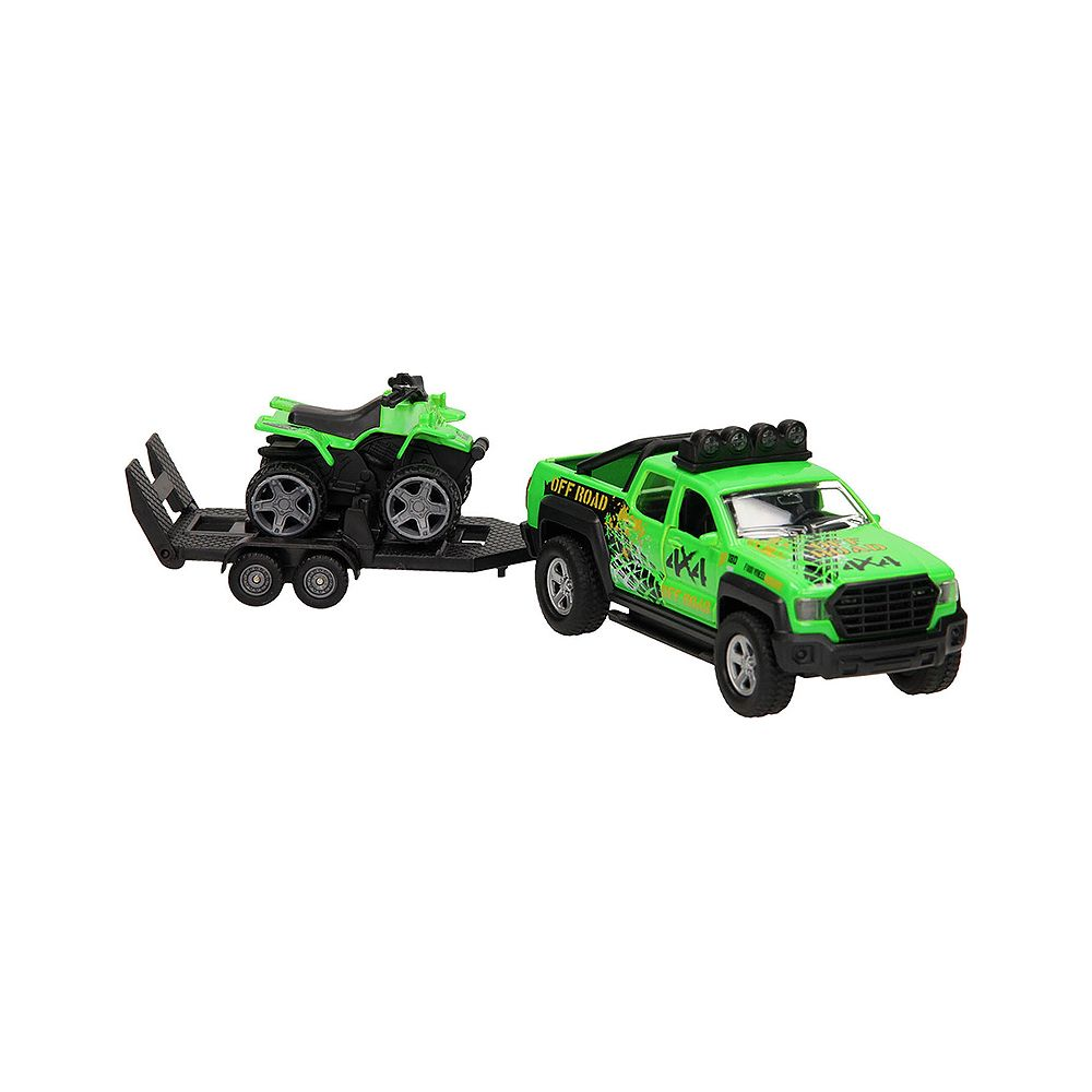 Grüner Spielzeug-Pickup mit Anhänger, der einen grünen Quad trägt.