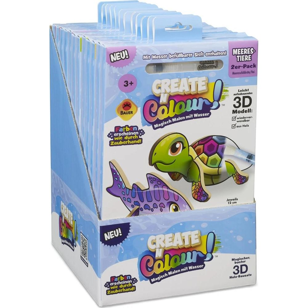 Ein 2er-Pack des Bauer Create Colour 3D Holz-Bausatzes mit Meerestieren: Schildkröte und Hai.