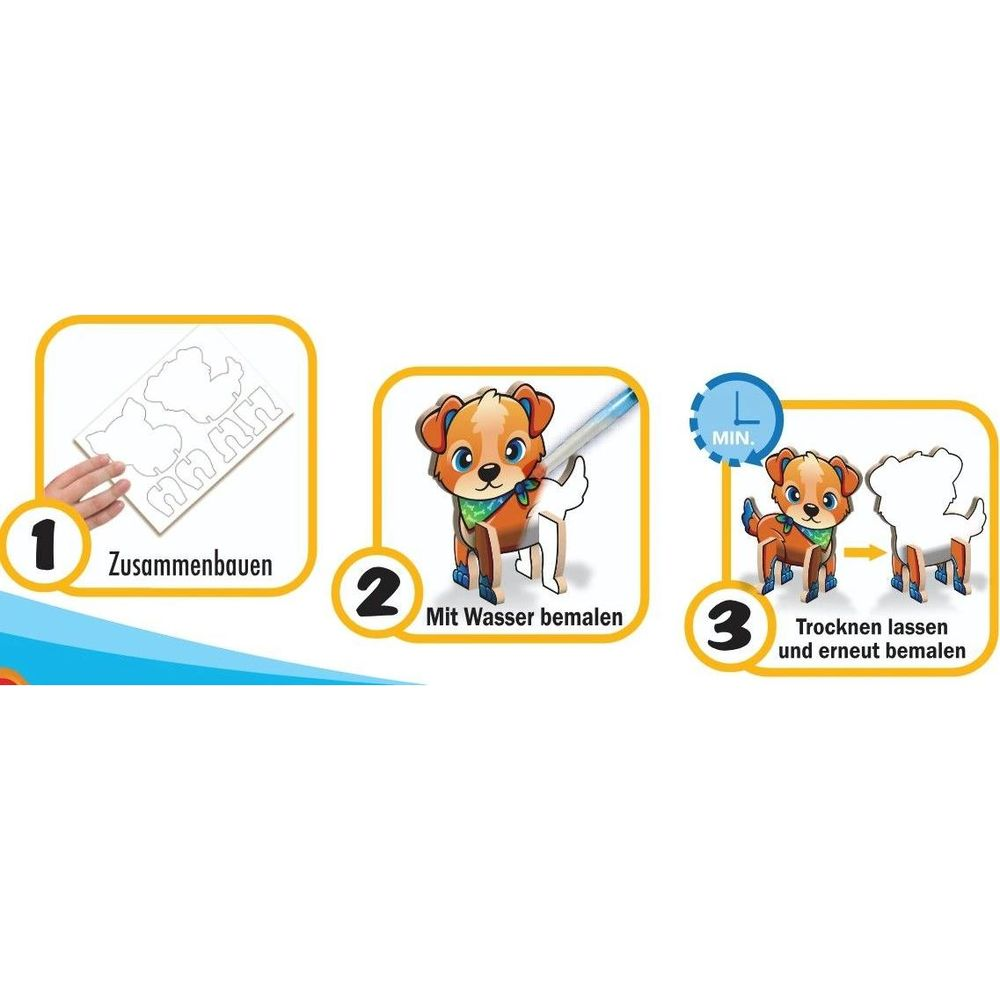 Schritt 1: Zusammenbauen, Schritt 2: Mit Wasser bemalen, Schritt 3: Trocknen lassen.
