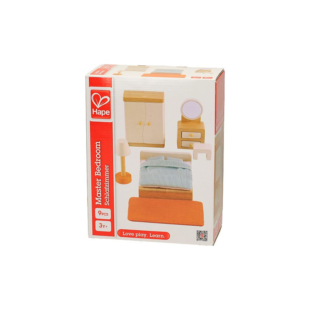 Scatola giocattolo Hape Master Bedroom con mobili in miniatura: letto, armadio, toeletta.