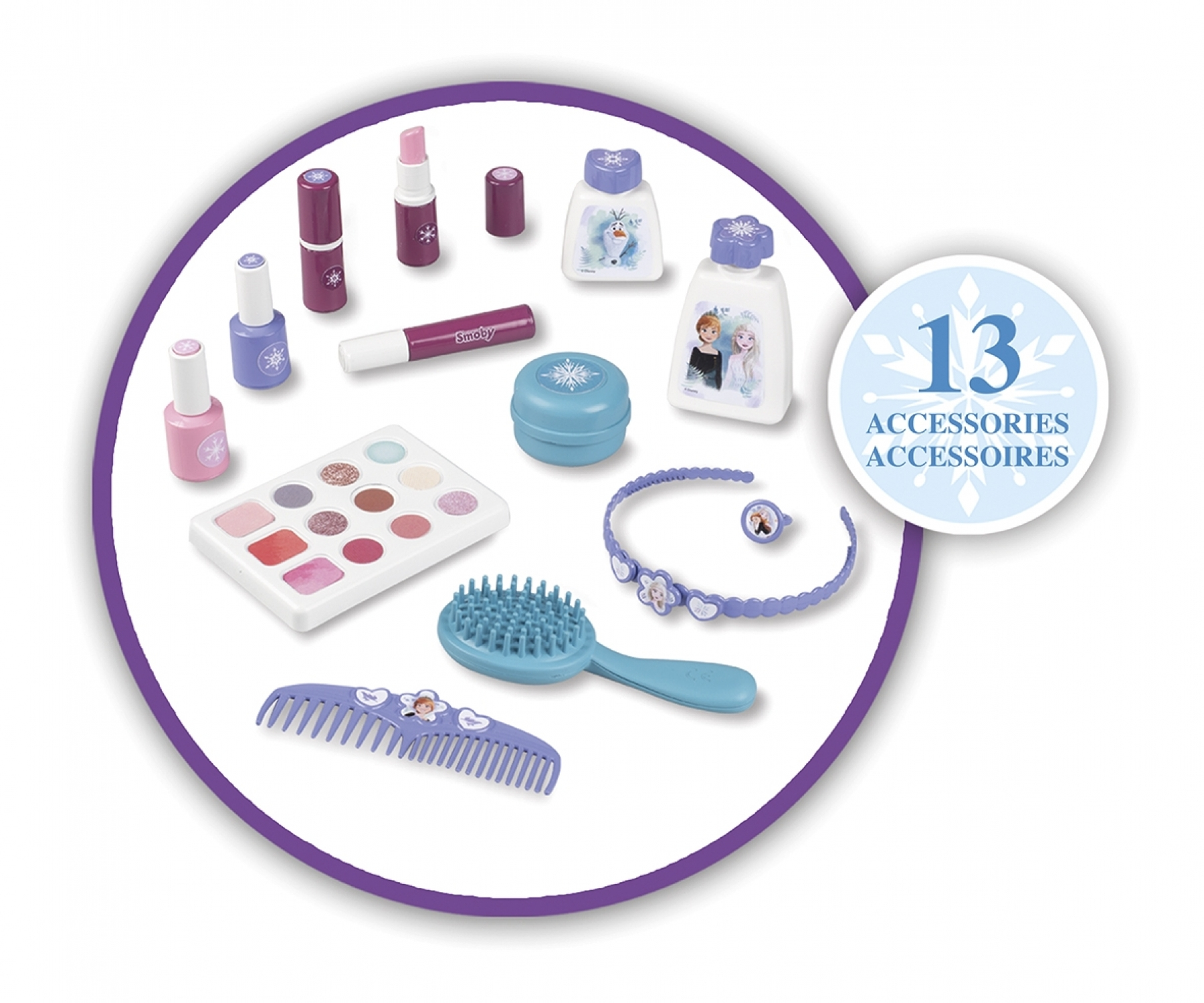 Frozen-Accessoires: Kosmetik, Schmuck und Haarbürsten für Kinder.