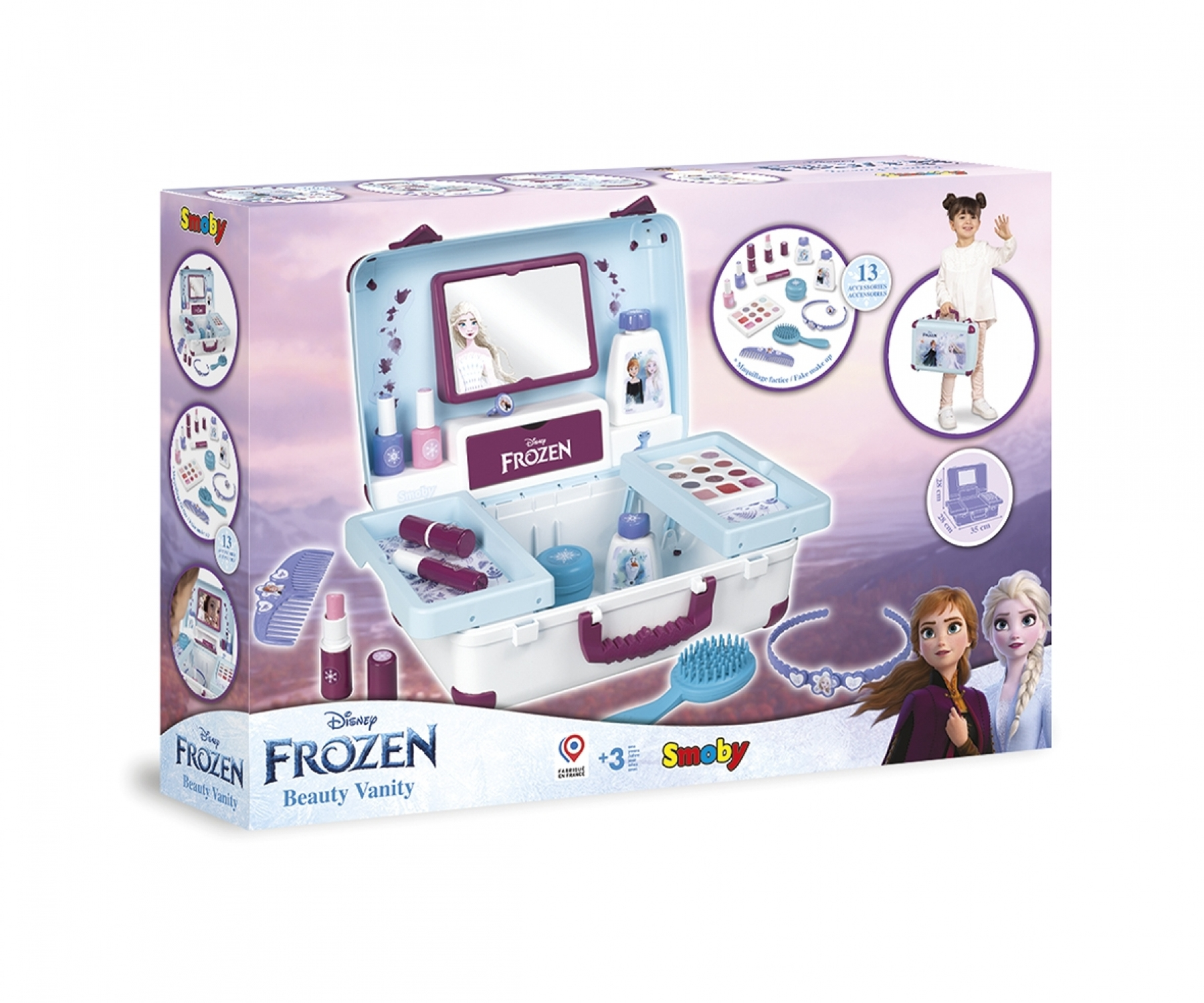 Ein FROZEN Schminkkoffer mit Spiegel, Bürste, Lippenstiften und Lidschatten.