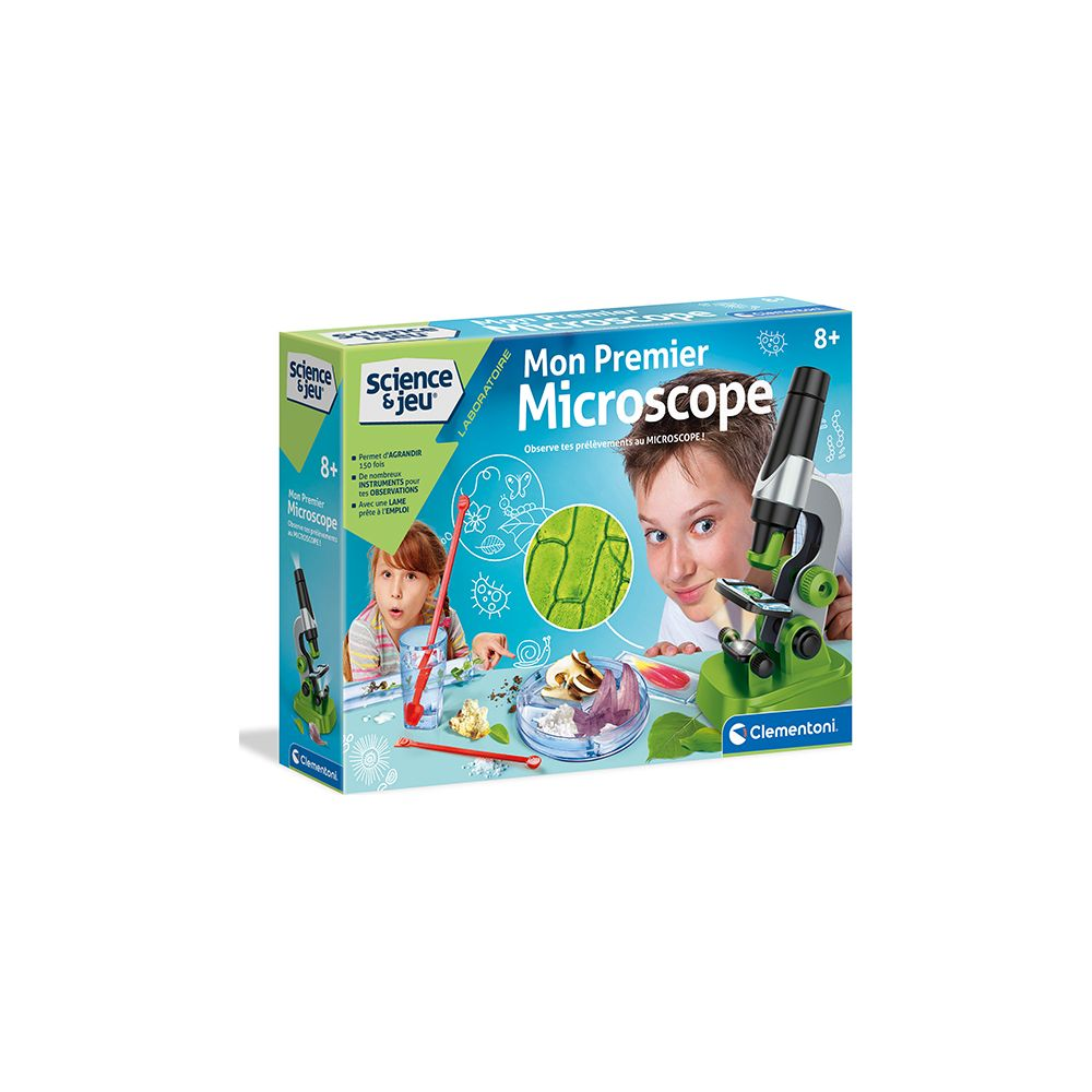Scatola di un kit di microscopio per bambini che mostra bambini che usano un microscopio e i suoi componenti.
