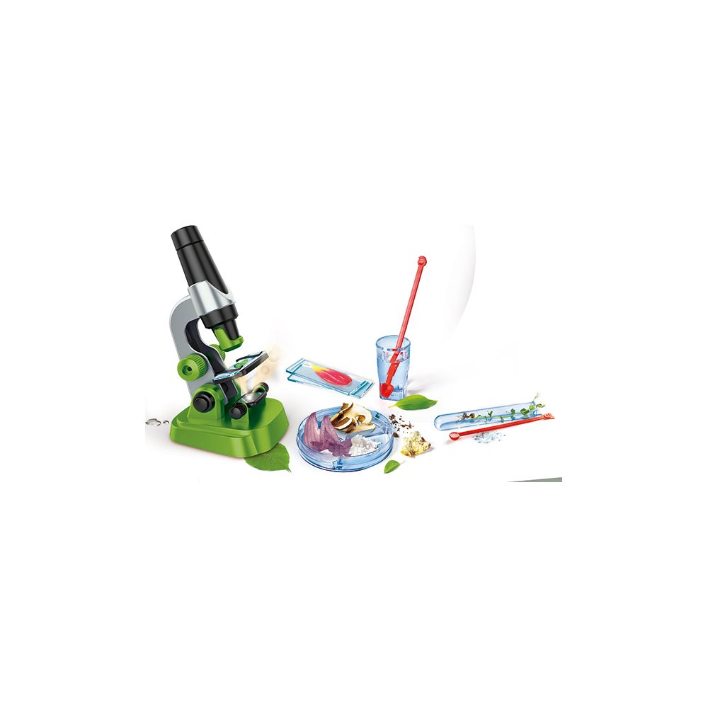 Un microscopio verde con strumenti per la preparazione dei campioni su sfondo bianco.