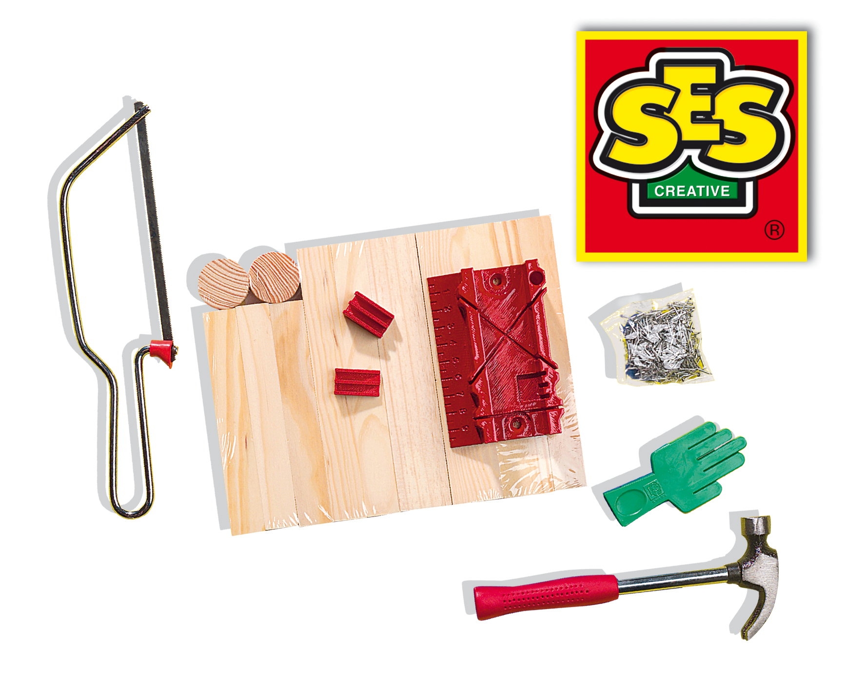 Holzbearbeitungsset für Kinder mit Säge, Hammer, Holzstücken und einem grünen Handschuh.