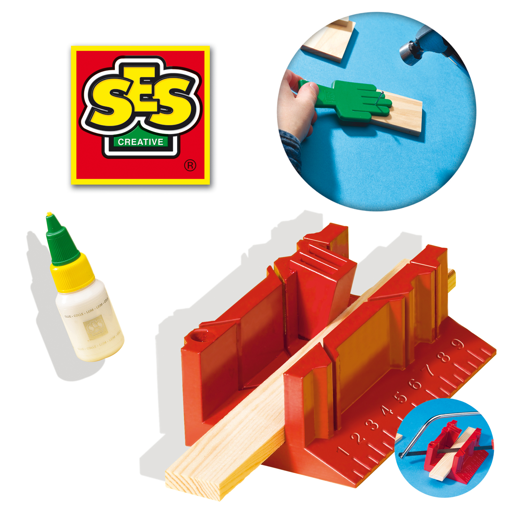 SES Creative-Logo, Leimflasche, Sägehilfe und Holzteile auf weißem Hintergrund.