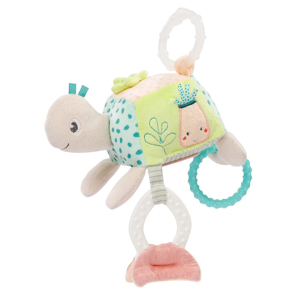 Un colorato peluche a forma di tartaruga con anelli e massaggiagengive.
