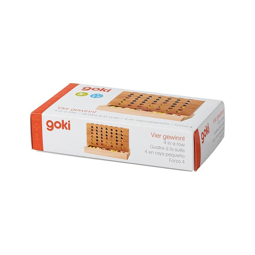 Goki-Spielverpackung: Vier gewinnt, Holzspiel mit roten und gelben Steinen.