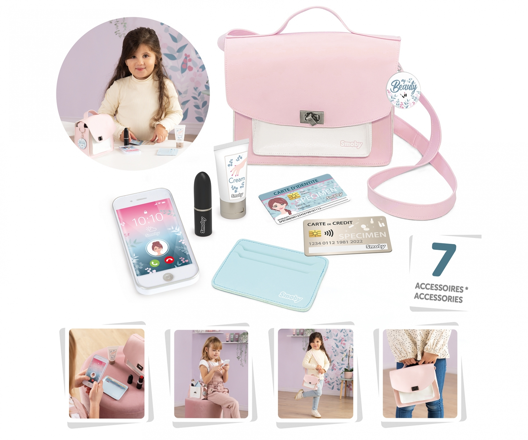 Una borsa rosa con cosmetici giocattolo, telefono, carte e una bambina.