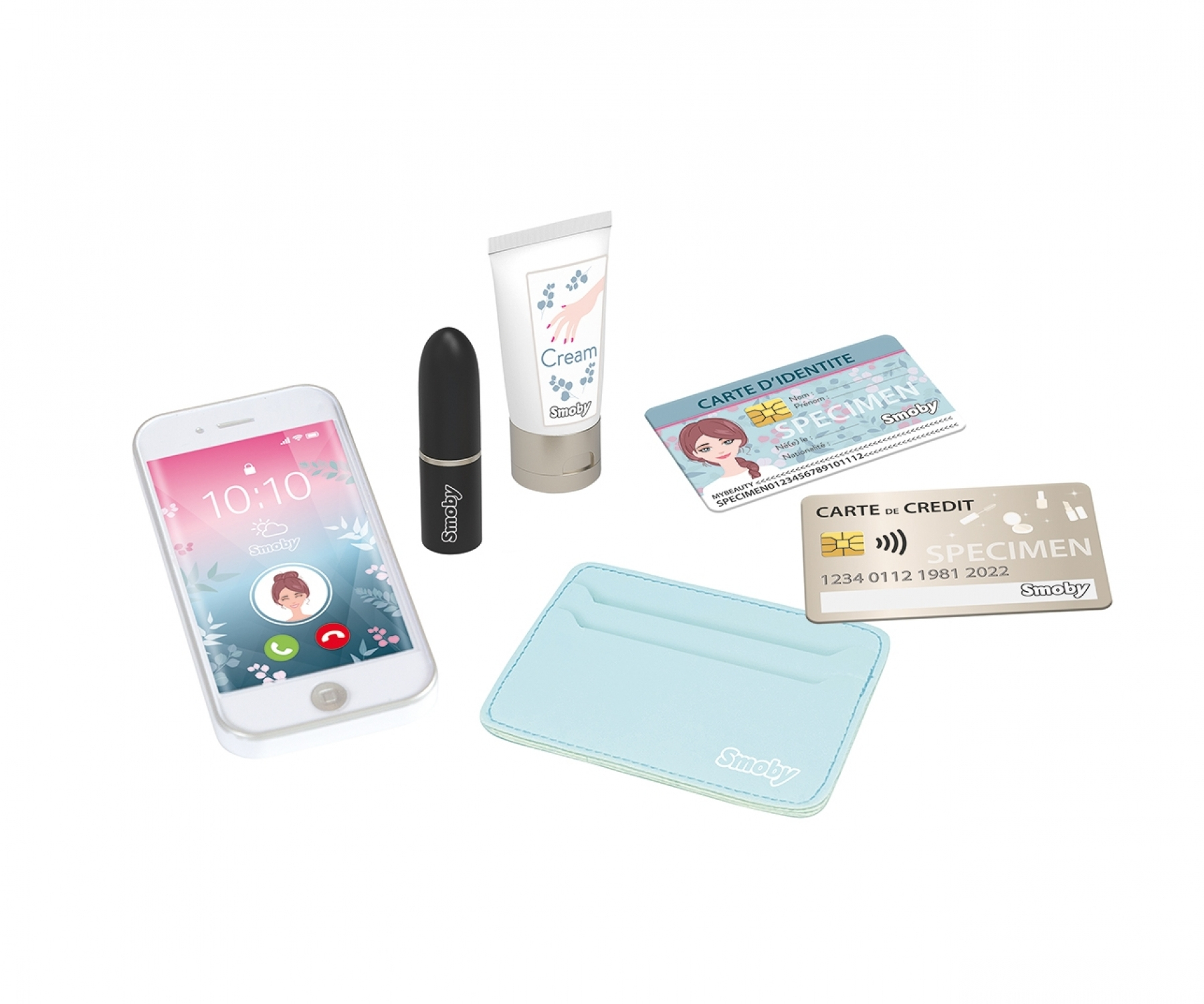 Smartphone giocattolo, rossetto, tubetto di crema, carta d'identità, carta di credito e porta carte.