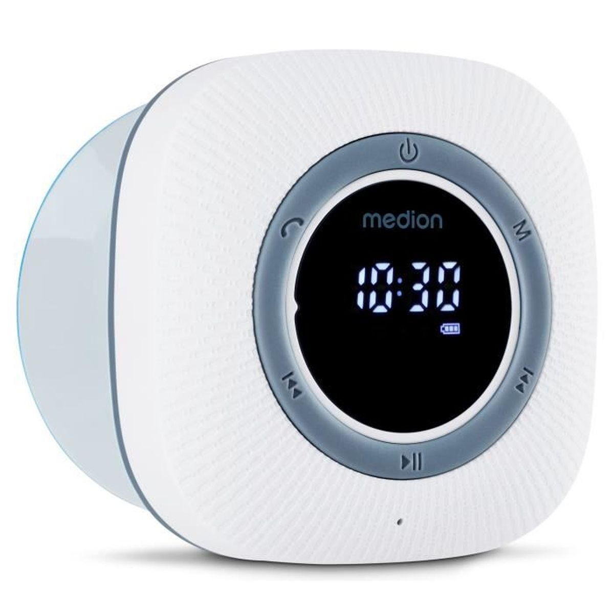 A white Medion CD player with a digital time display and control buttons.