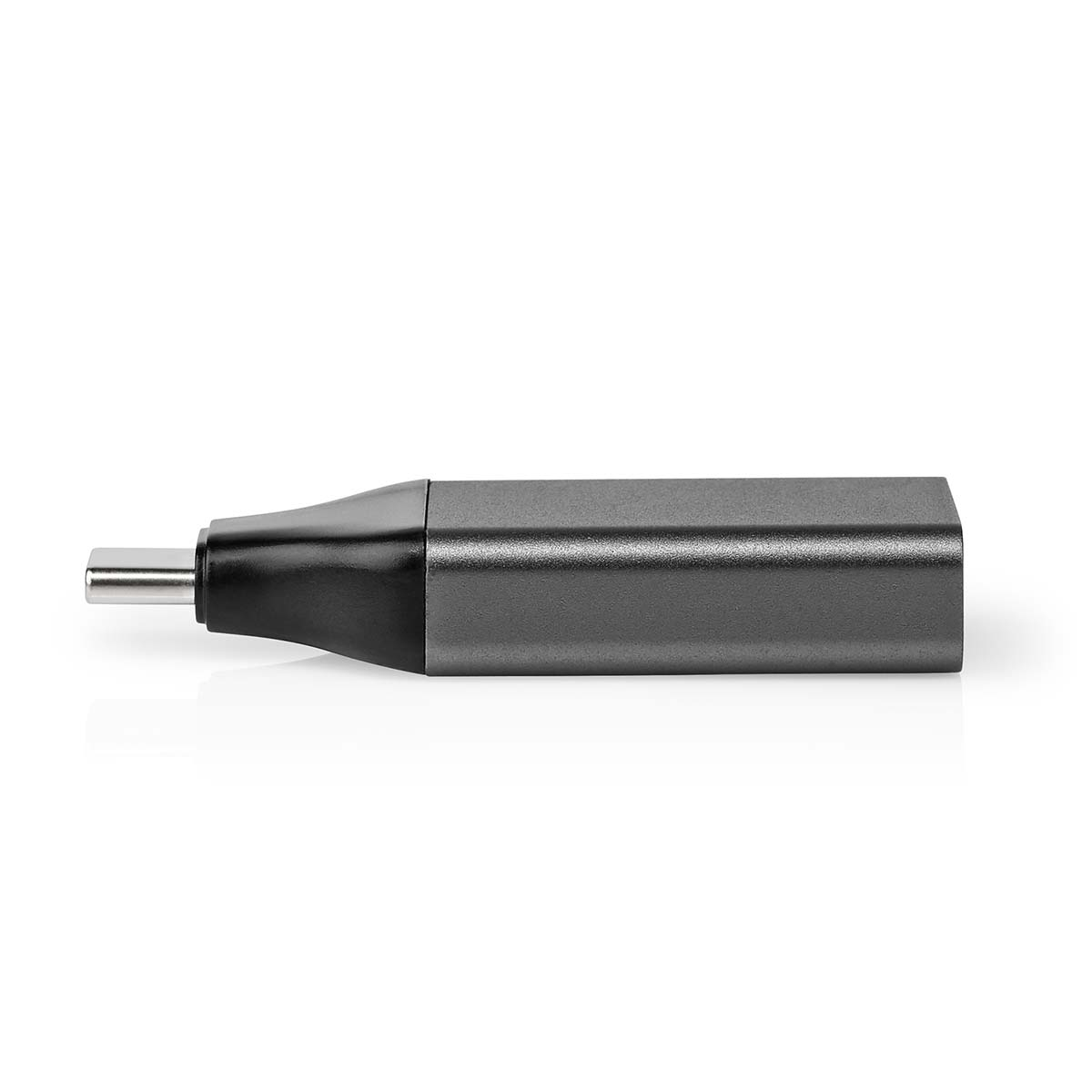 Gray adapter with black connector, on a white background.