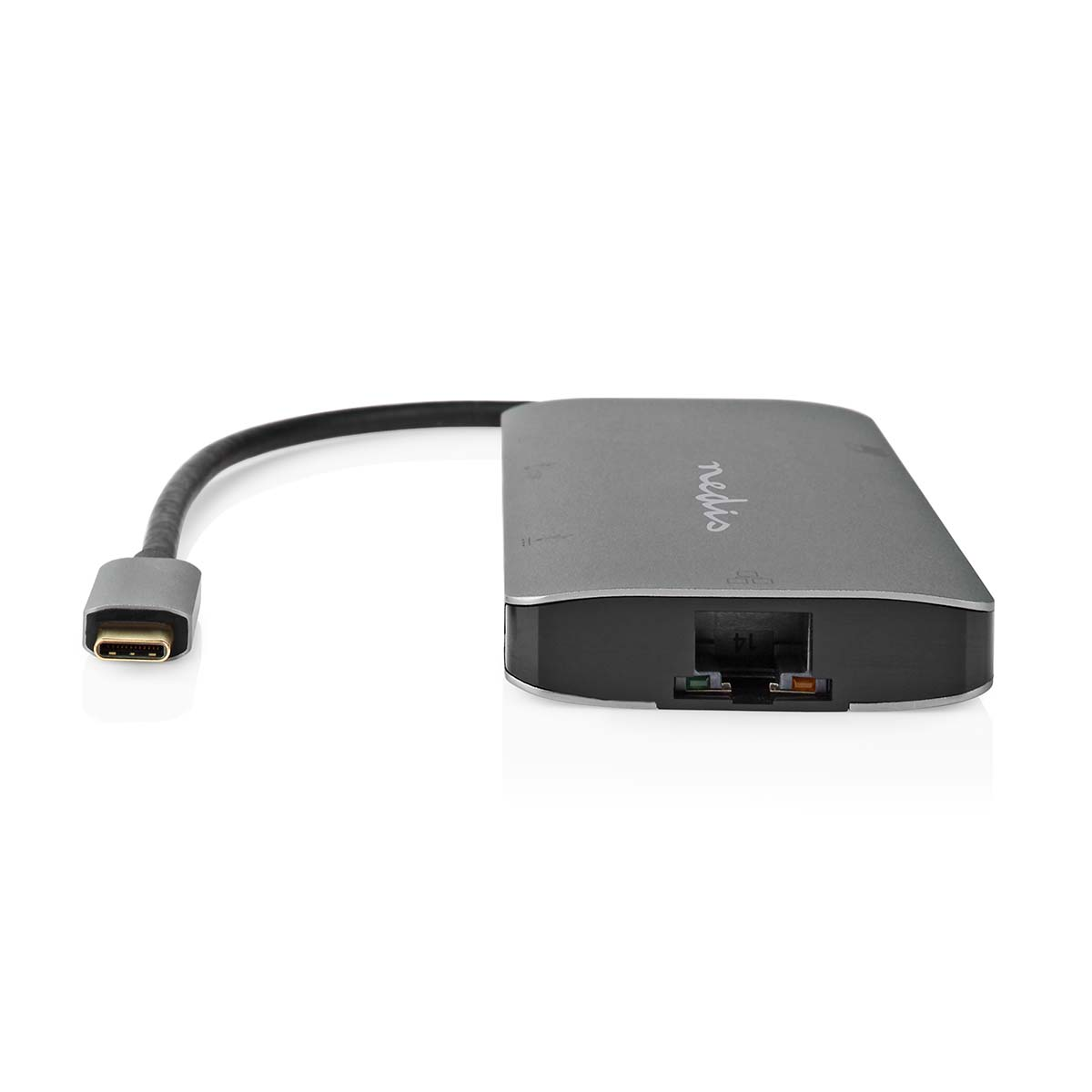 Grijze USB-C hub met kabel en connector, met Ethernetpoort.