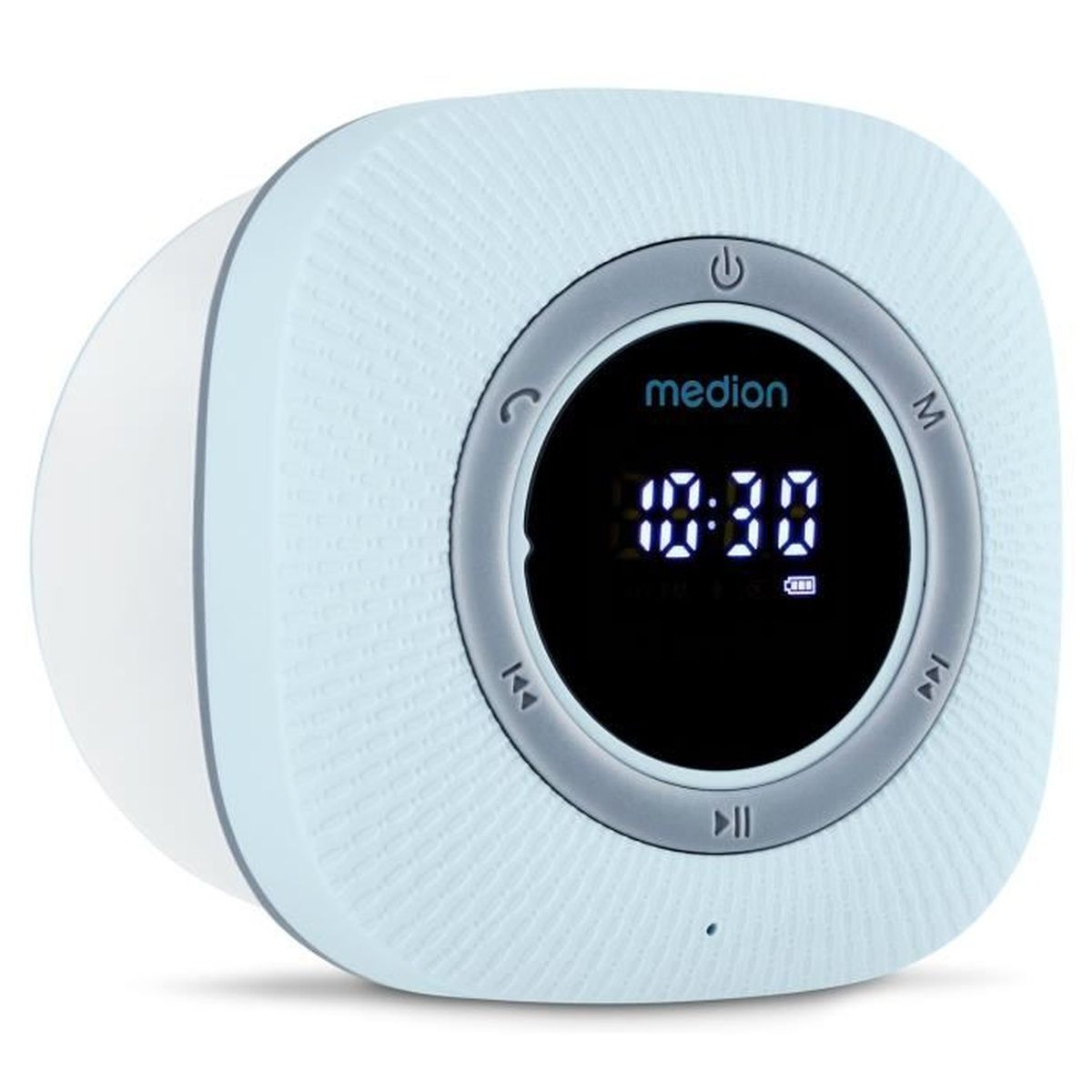A light blue Medion digital radio with a black screen displaying 10:30.
