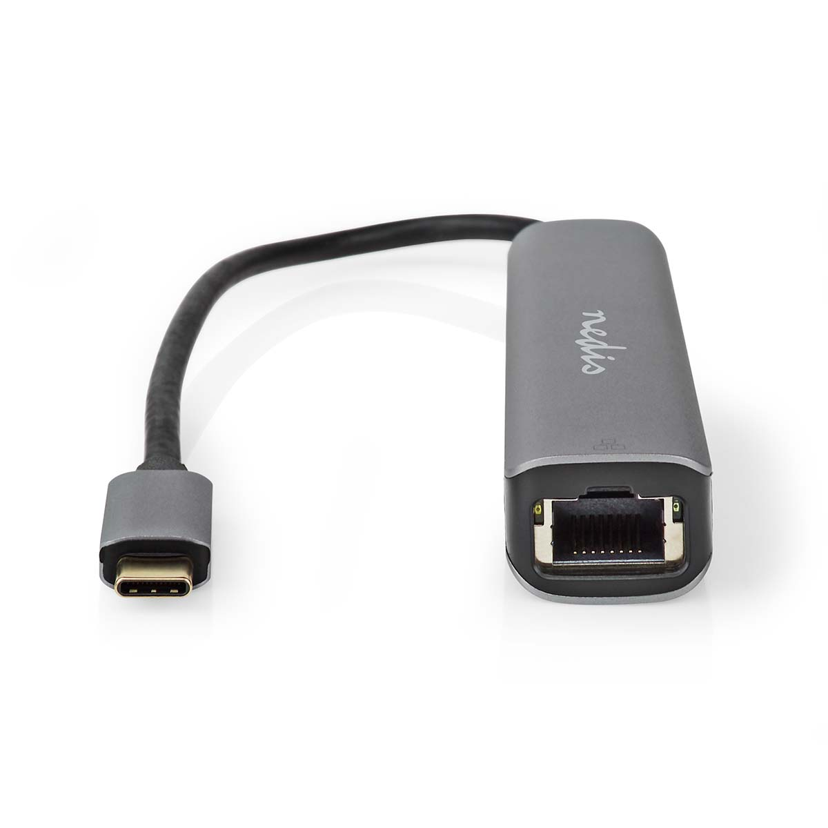 Grijze USB-C adapter met Ethernetpoort en Nedis logo.