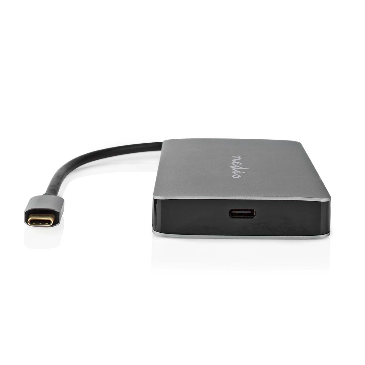 Grijze USB-C hub met kabel en poorten op witte achtergrond.