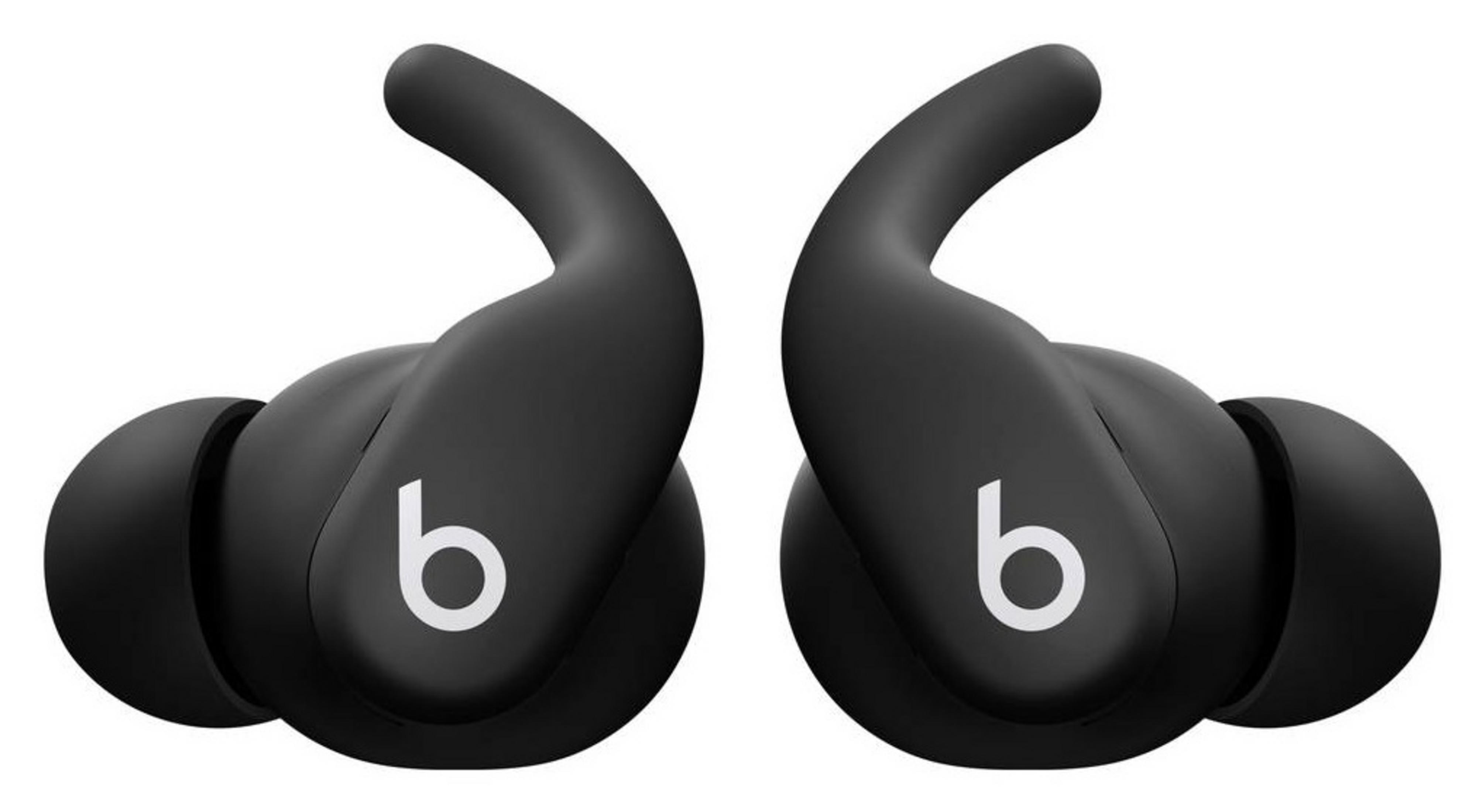 Due auricolari Beats neri con logo bianco 'b' su sfondo bianco.