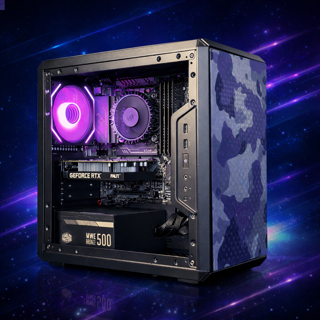 Otwarta obudowa komputera z fioletowymi wentylatorami i kartą graficzną. Kamuflaż.