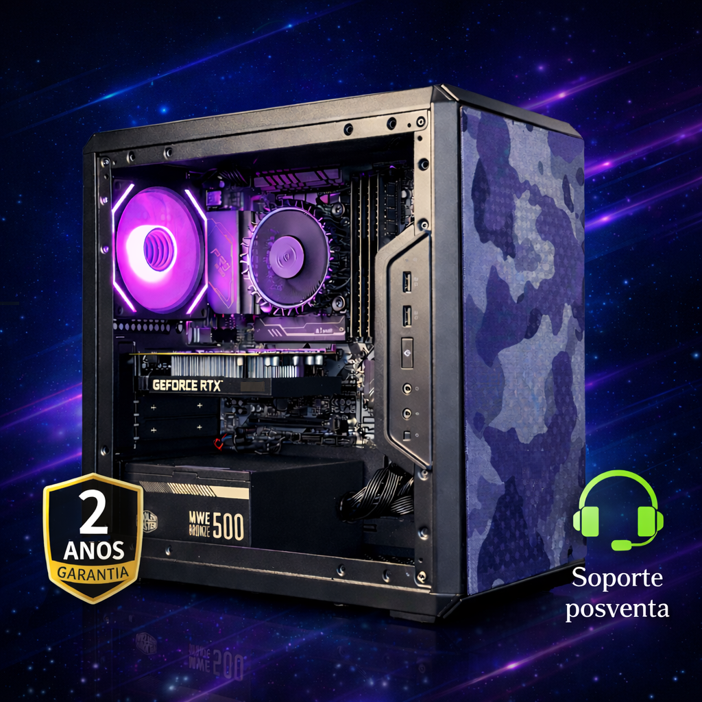 Otwarty komputer z fioletowymi wentylatorami, kartą Geforce RTX i obudową moro.