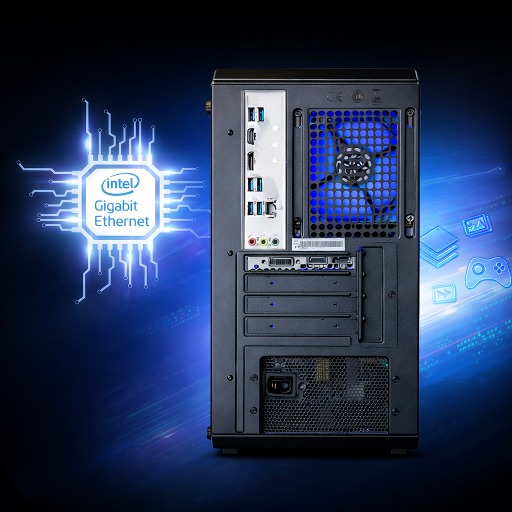 Tył komputera z portami, wentylatorem i logo Intel Gigabit Ethernet.