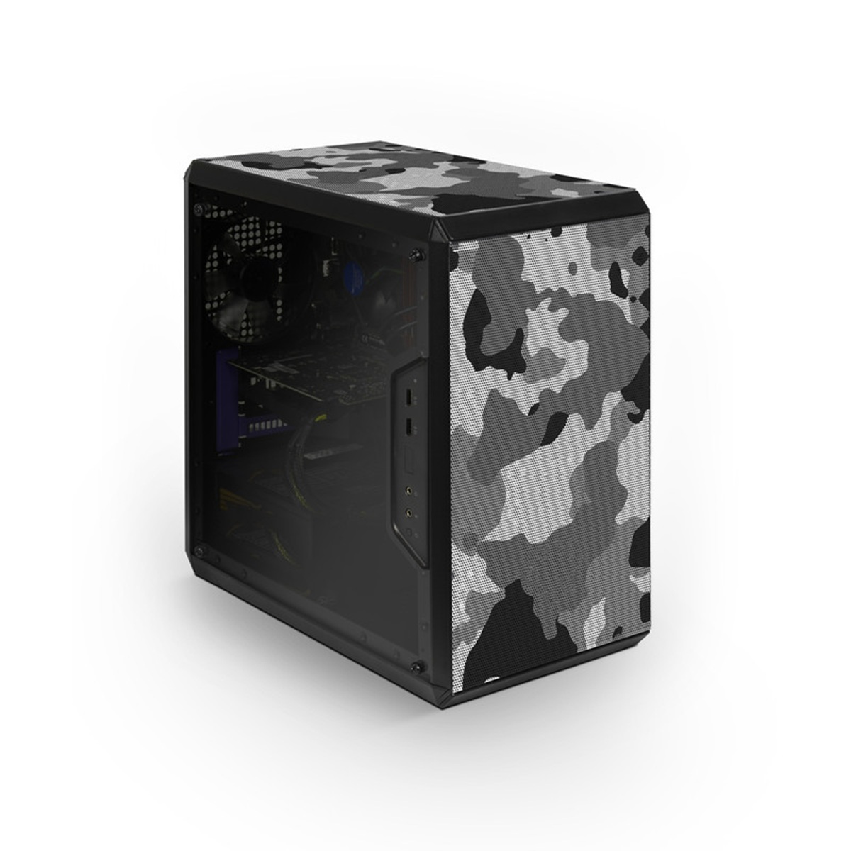Czarna obudowa komputera z szaro-czarnym wzorem kamuflażu.