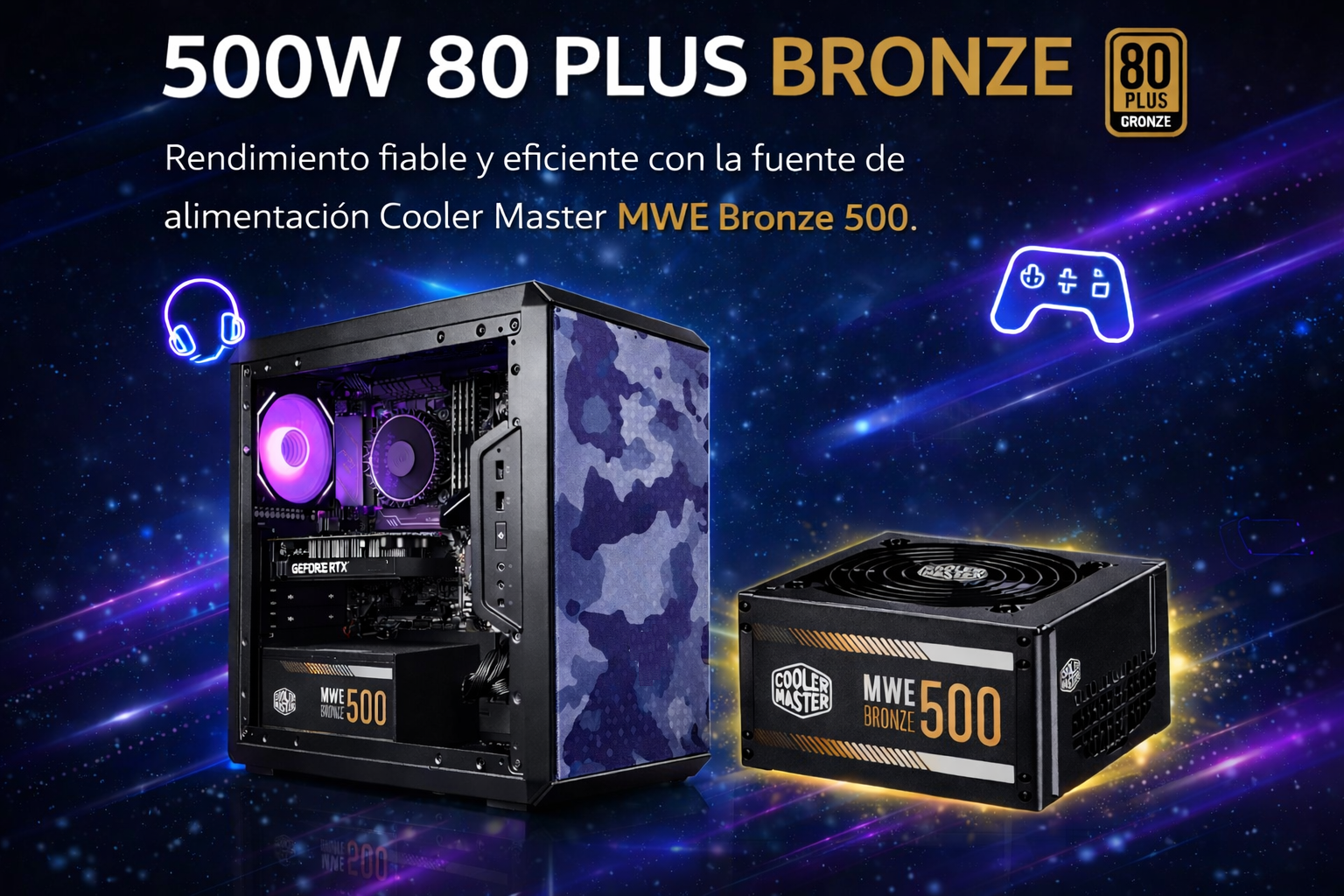 Obudowa komputera z fioletowymi wentylatorami i zasilacz Cooler Master.