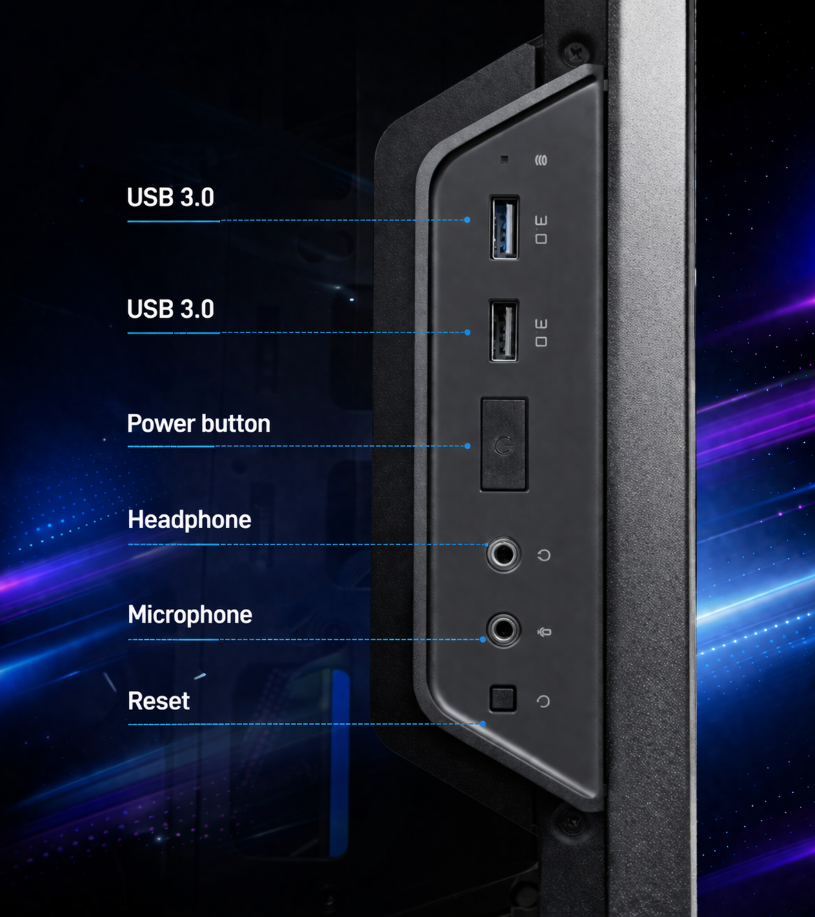 Panel portów: 2x USB 3.0, zasilanie, słuchawki, mikrofon, reset.