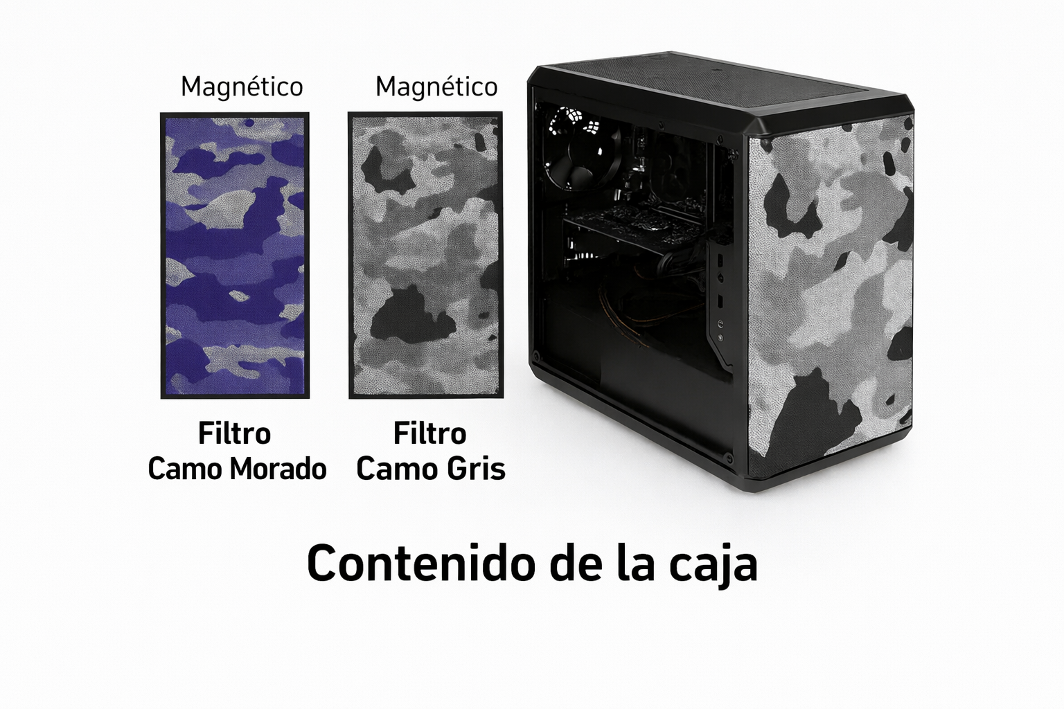 Dwa magnetyczne filtry maskujące (fioletowy i szary) oraz otwarta obudowa PC.