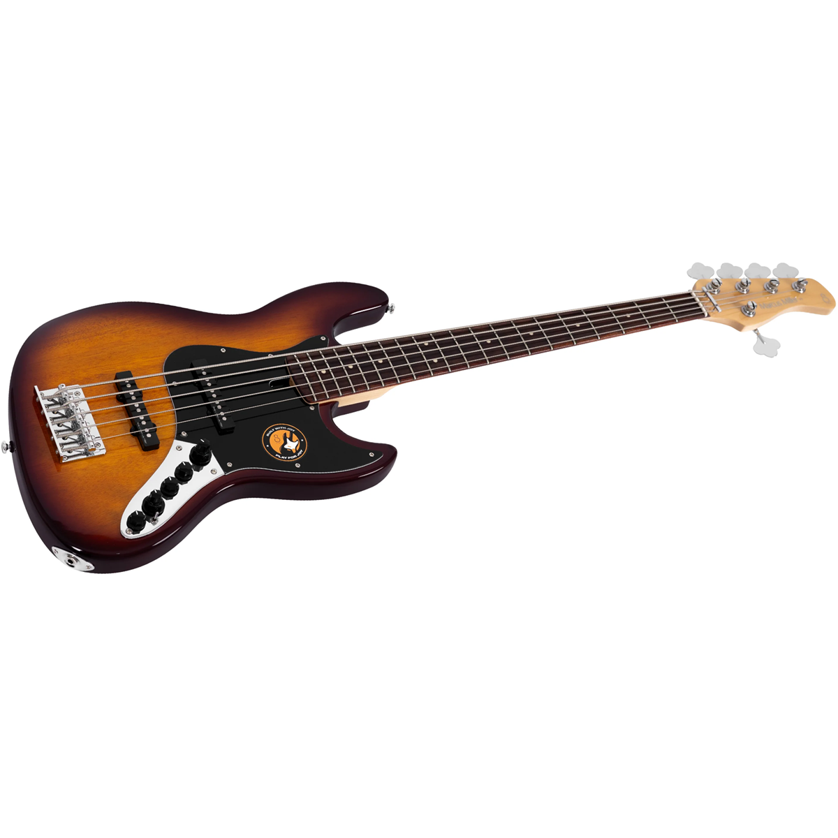 Siyah pena ve krom donanımlı, güneş açığı renkli 5 telli bas gitar.