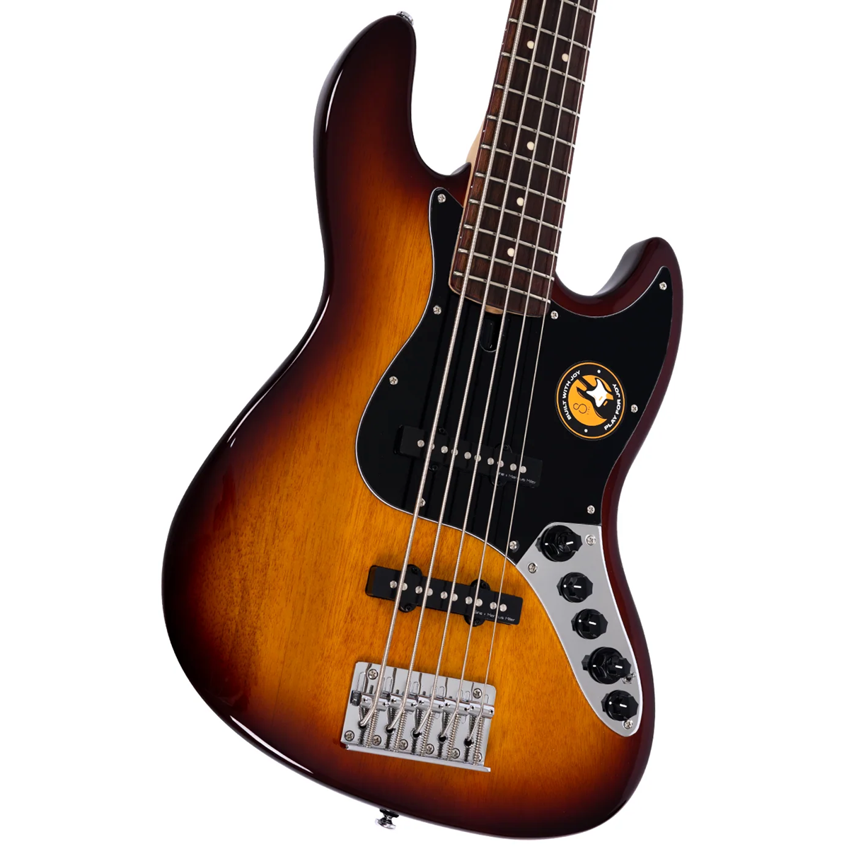 Siyah manyetikli ve gümüş köprülü, güneş patlaması renginde 5 telli bas gitar gövdesi.
