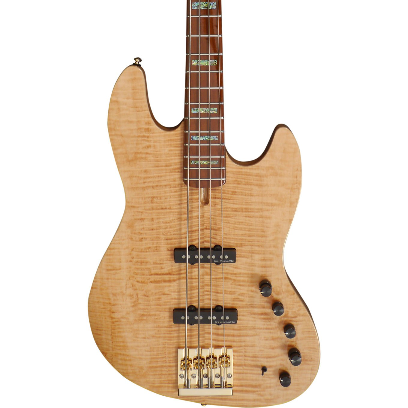 Açık kahverengi, dört telli bas gitar, kapitone akçaağaç üst ve altın donanıma sahip.