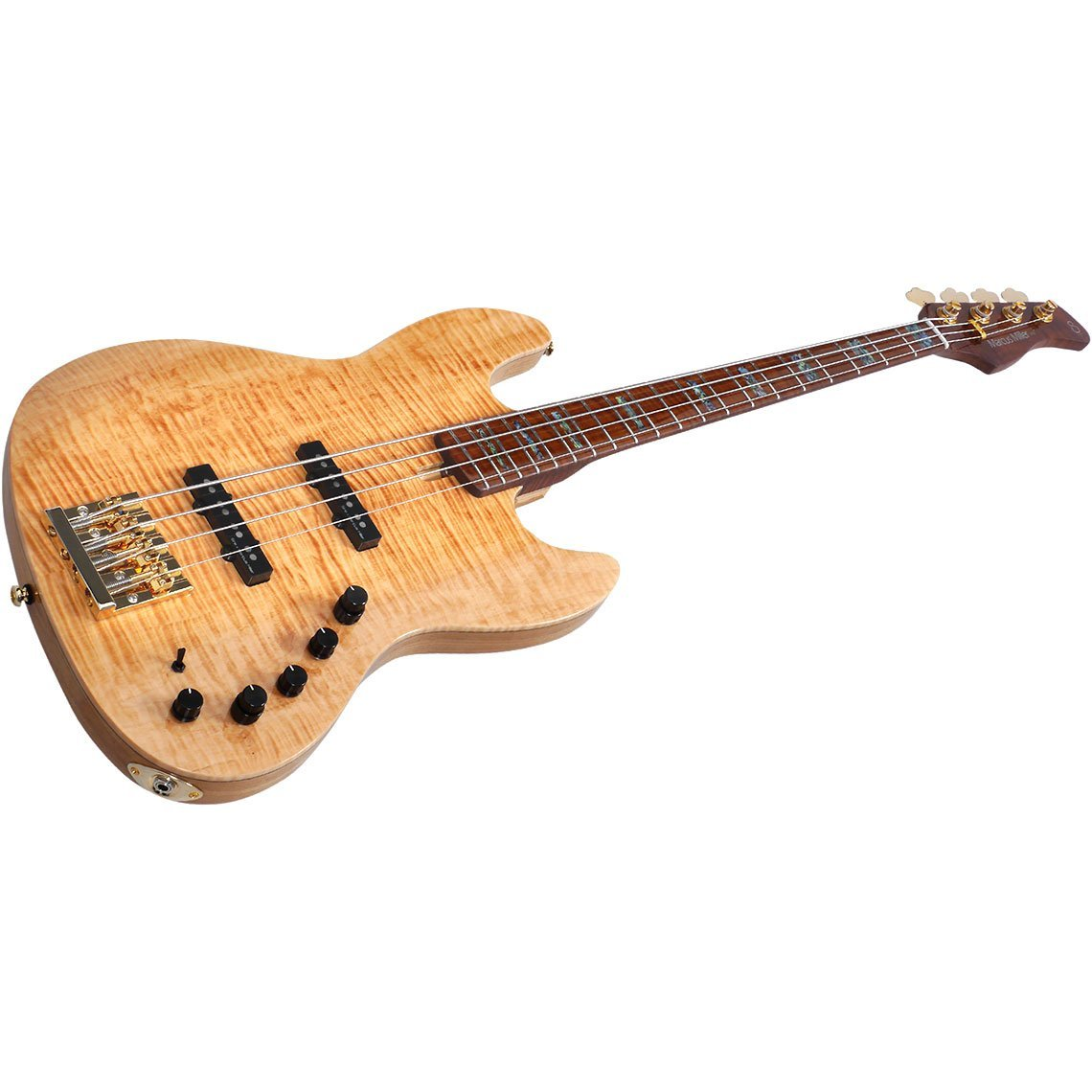 Belirgin ahşap deseni ve altın donanımıyla açık kahverengi 4 telli bas gitar.