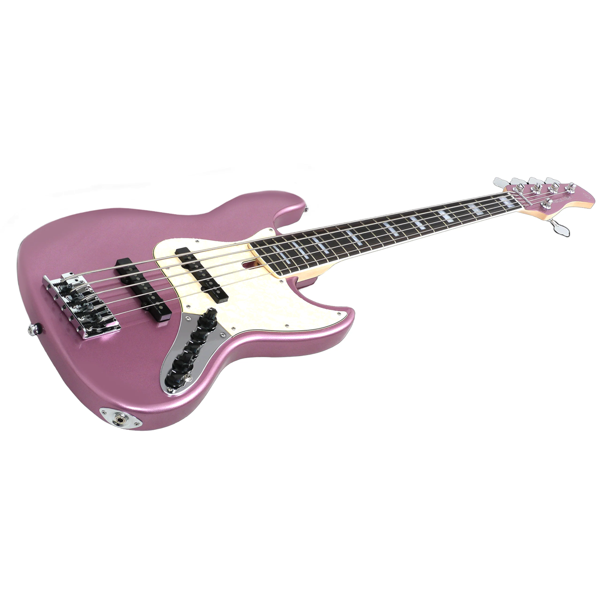 Parlak pembe, dört telli elektro bas gitar, beyaz pena korumalı.