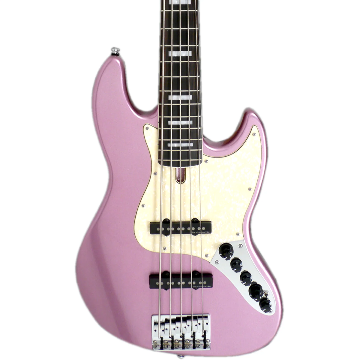 Krem rengi pena korumalı ve siyah manyetikli pembe elektro bas gitar.