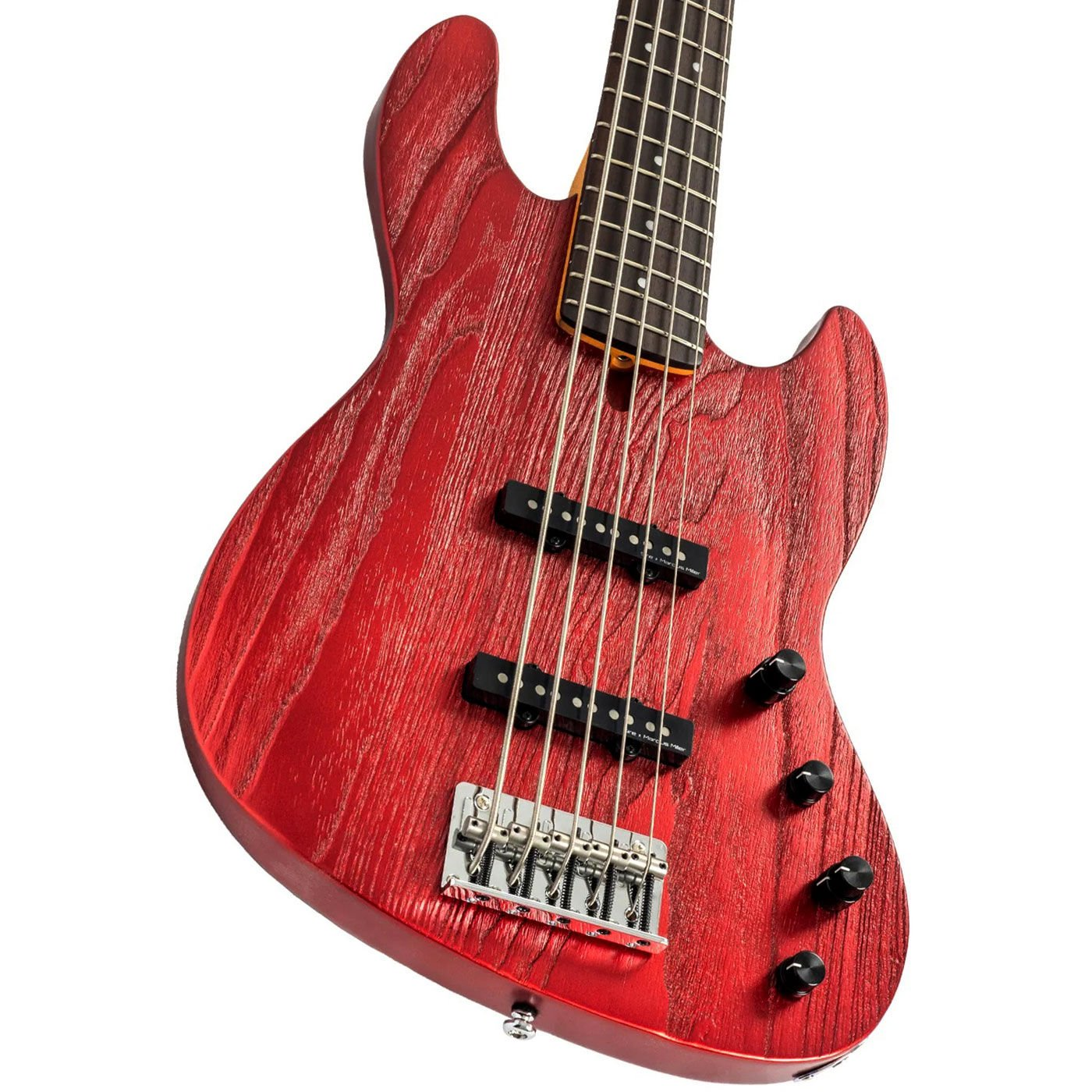 Ahşap damarlı kırmızı bas gitar, dört telli, beş düğmeli, krom köprülü.