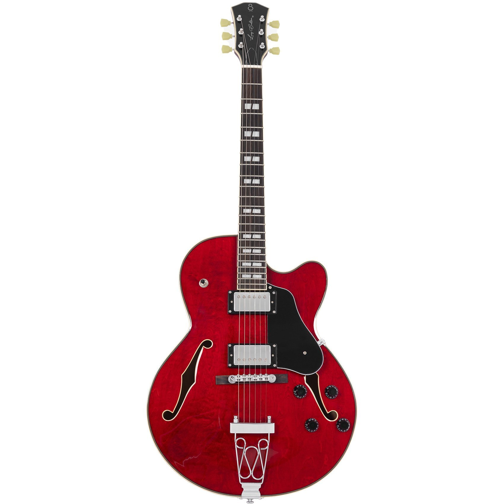 F delikli, siyah pena korumalı kırmızı yarı-hollow elektro gitar.