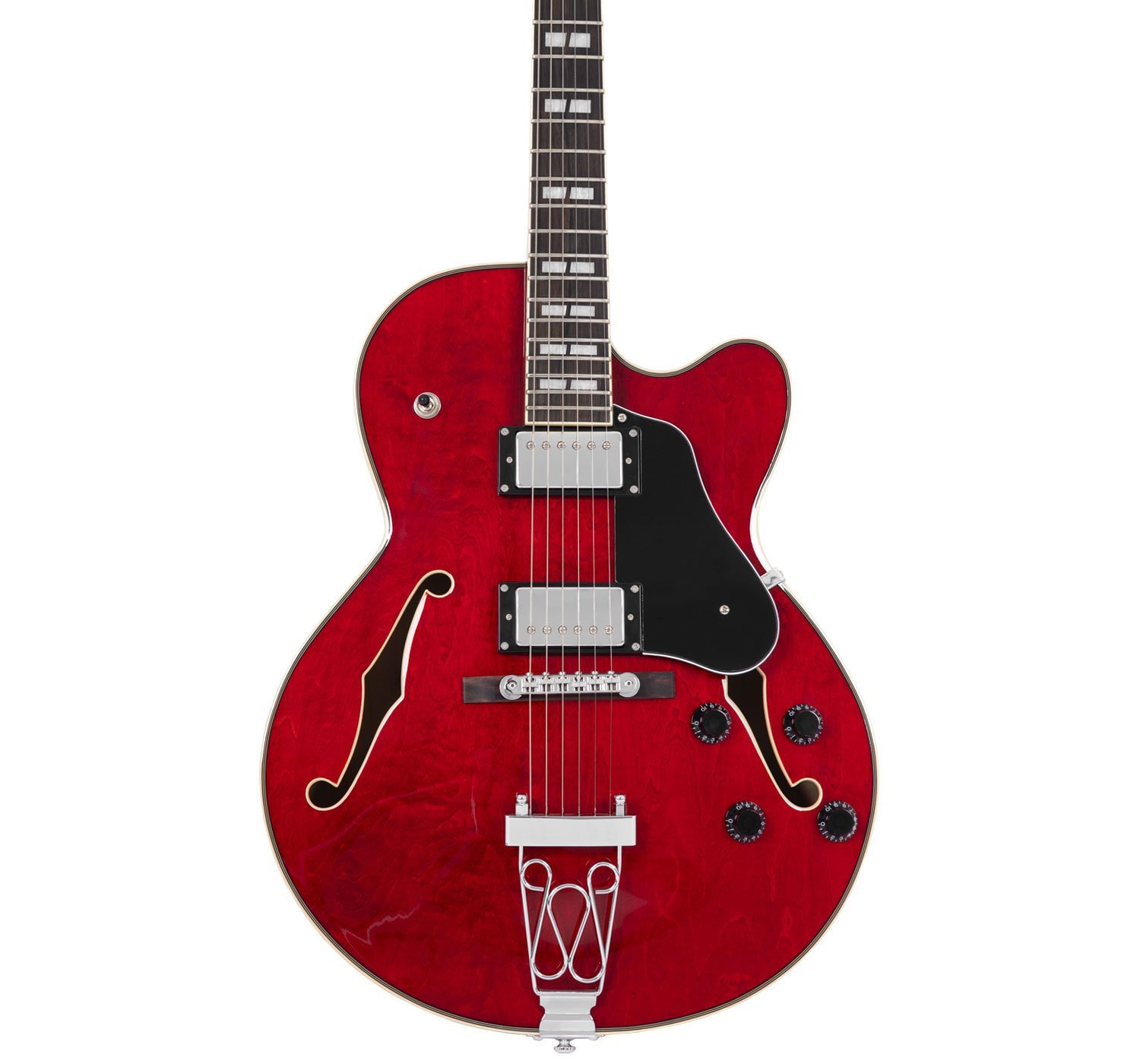 Kırmızı, f-delikli, krom donanımlı ve siyah manyetikli elektro gitar.